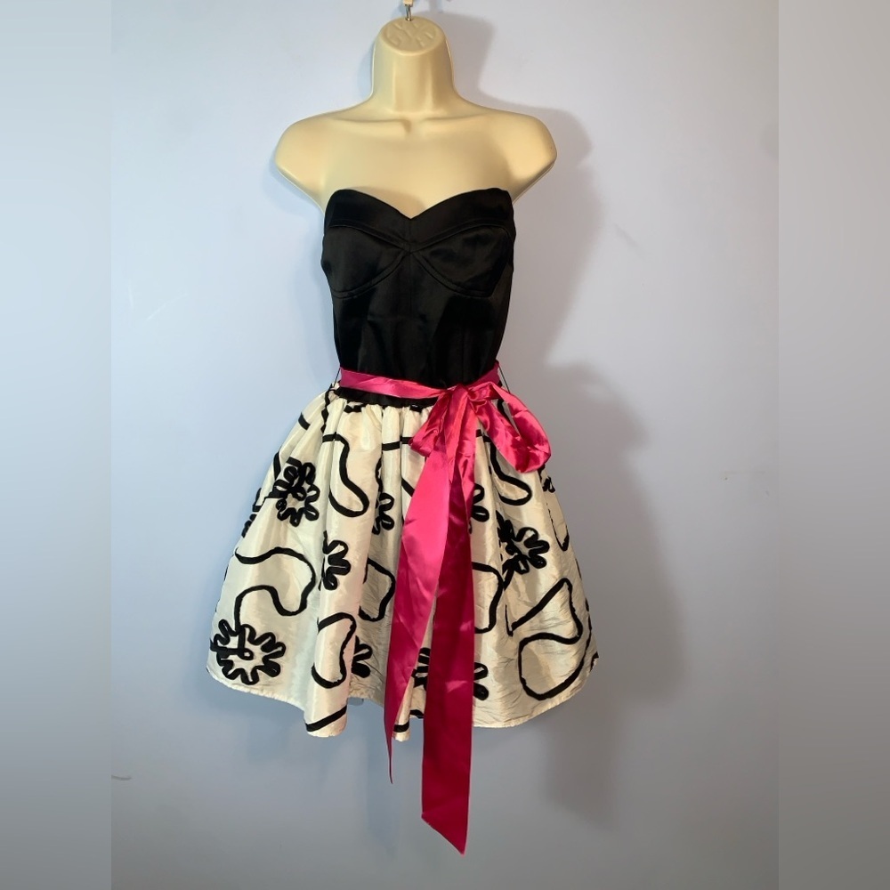 Jessica McClintock Gunne Sax Black white Satin strapless bodice mini Dress 13